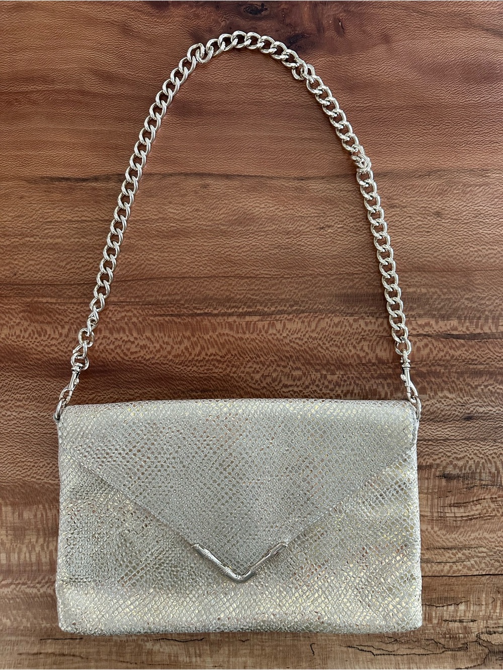 Elaine Turner Metallic Gold Snakeskin Bella Envelope Clutch Removable Strap